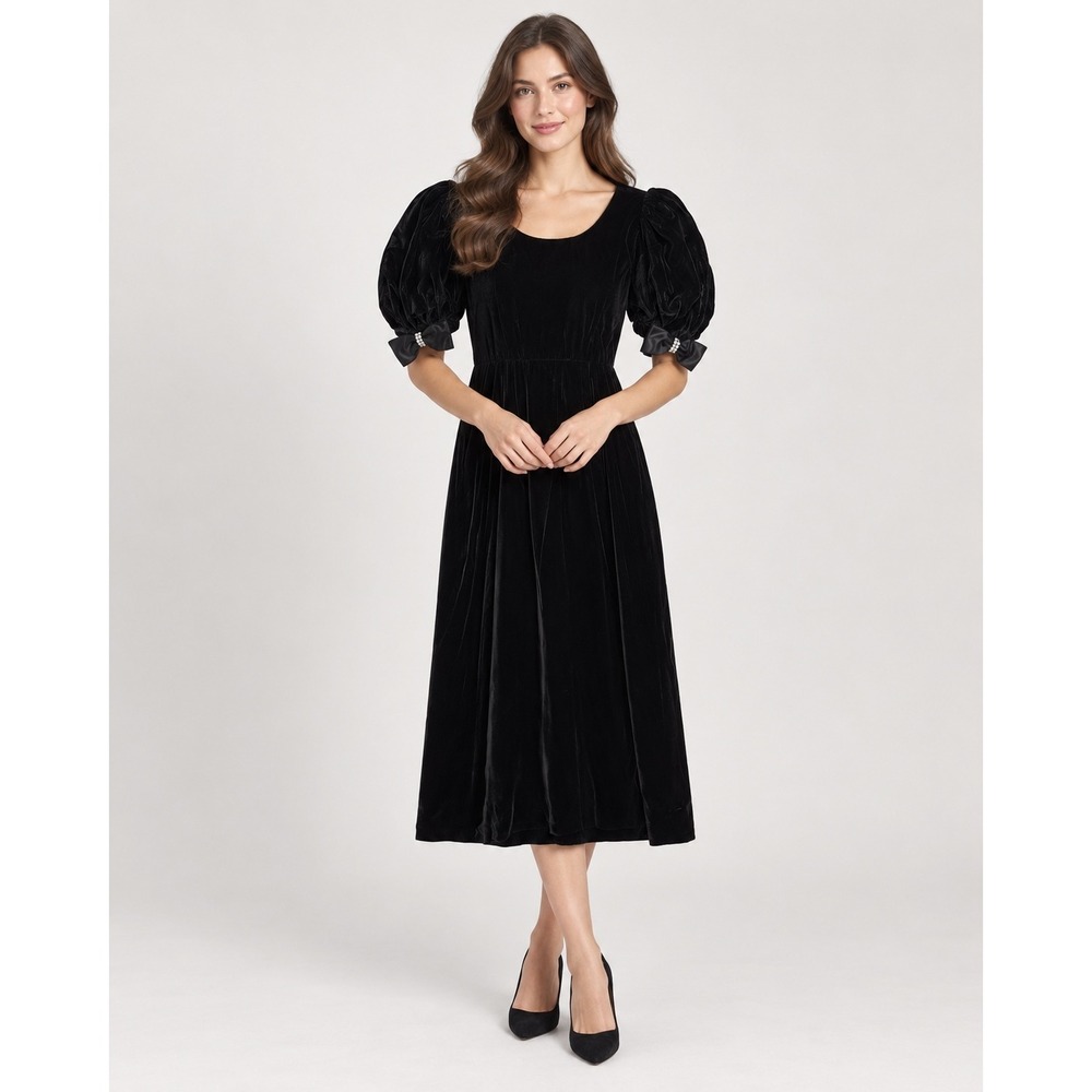 Vintage 80s Dress Womens S M Black Velvet Puff Sleeve Coquette Prom Rhinestone